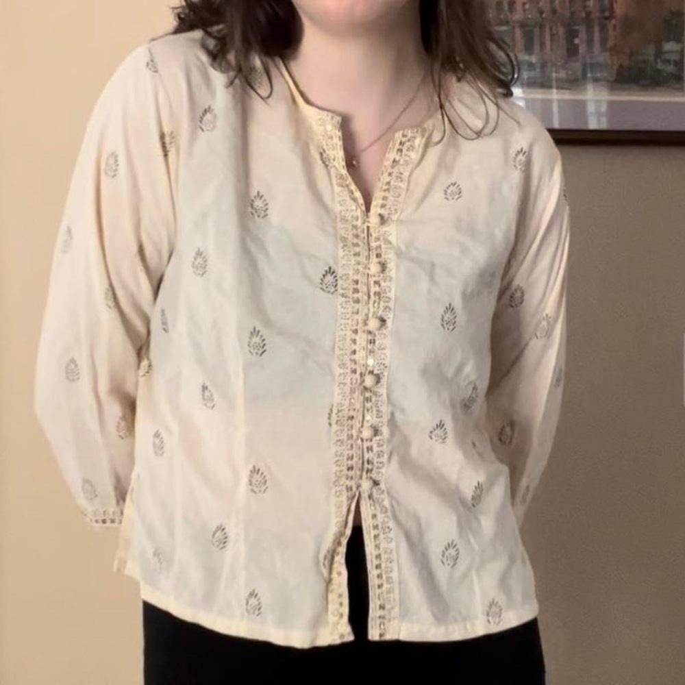 Cream three quarters sleeves linen blouse with tan detailing